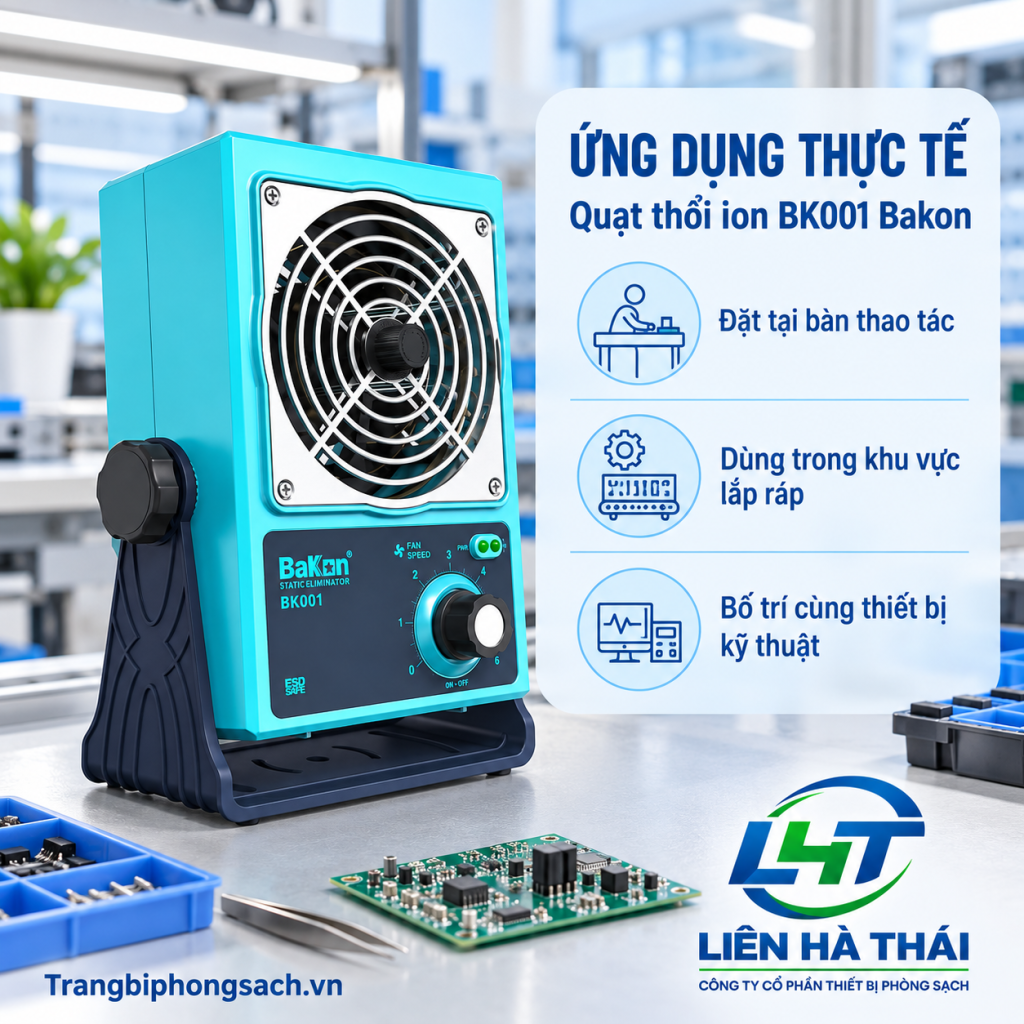 Sử dụng quạt thổi ion BK001 Bakon trên bàn thao tác SMT