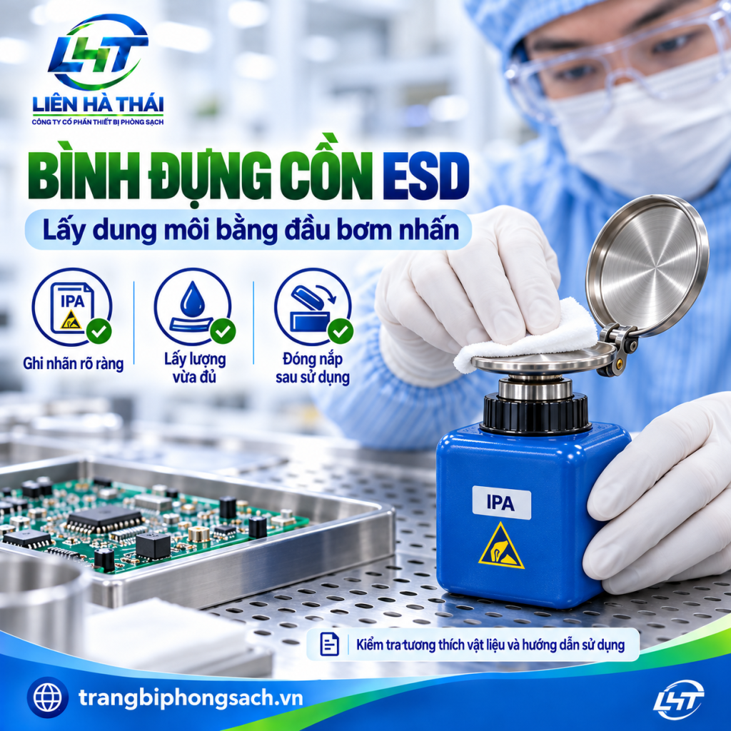 Công nhân phòng sạch nhấn lấy cồn từ bình đựng cồn ESD để thấm vào khăn lau bo mạch