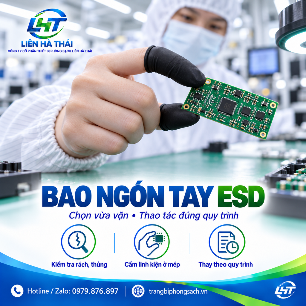 Công nhân đeo bao ngón tay chống tĩnh điện ESD thao tác gắp chip IC trên bàn làm việc