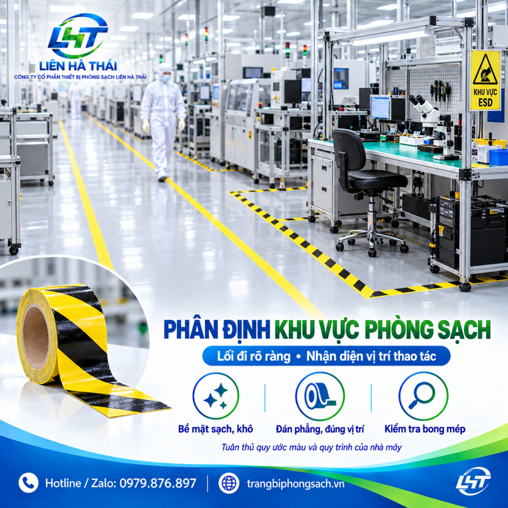 Kỹ thuật viên dán băng keo phân vùng ranh giới tĩnh điện EPA trên nền sàn epoxy phòng sạch