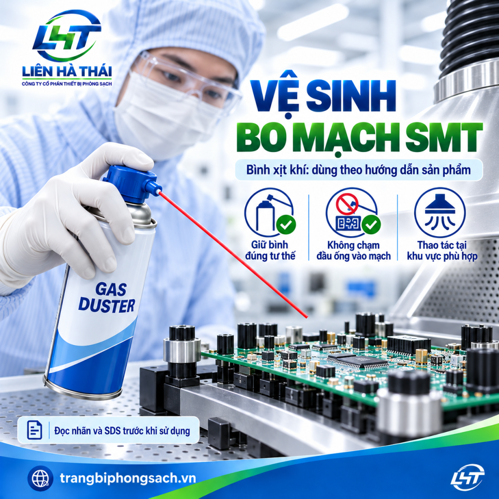 Kỹ thuật viên phòng sạch dùng bình xịt khí nén thổi sạch bụi chân IC trên bảng mạch